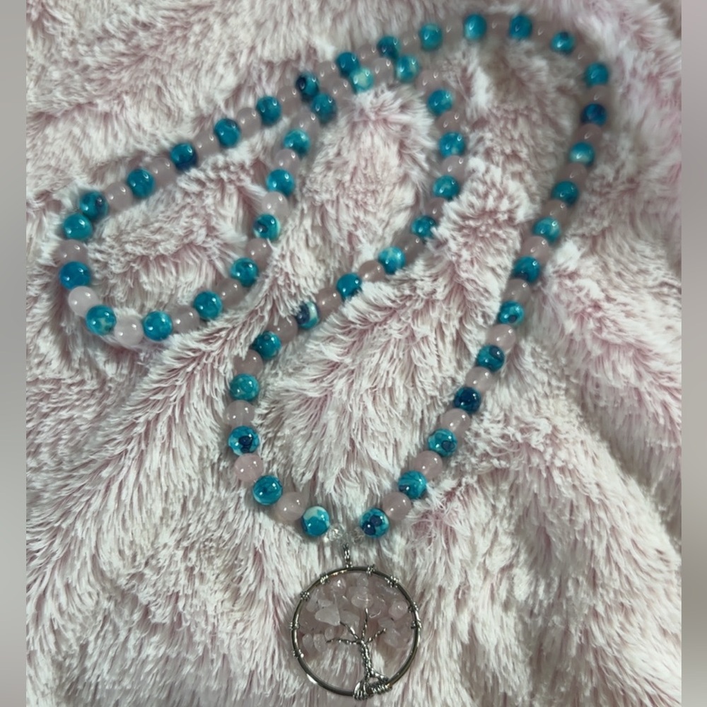 Candy Tree Necklace (Purple/ Blue Rain Flower Jade And Rose Quartz) - Picture 2 of 12